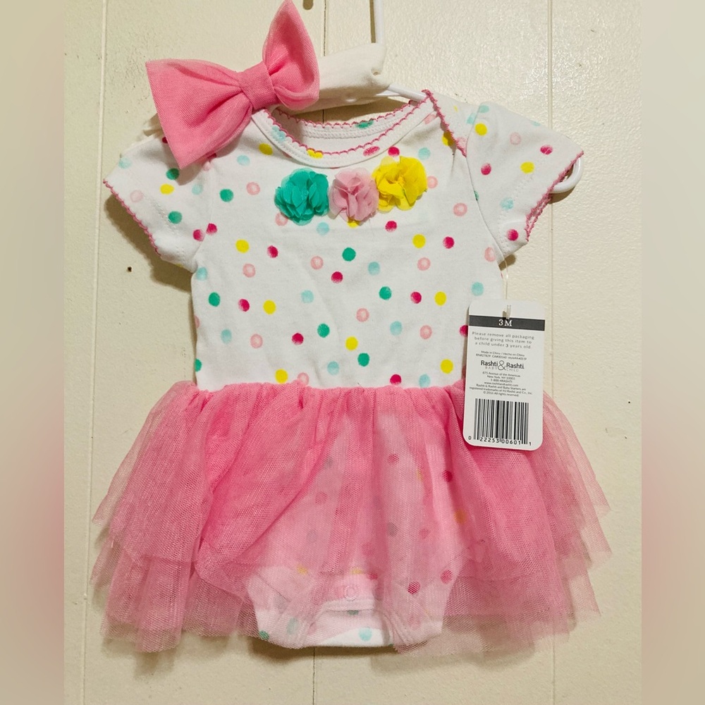 Baby Starters Pink Tully Poka Dot Onesie Dress & Headband 3M